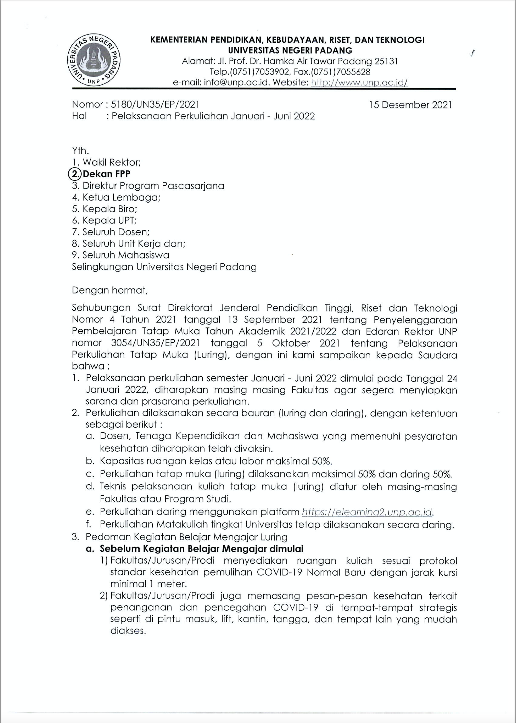 You are currently viewing Surat Rektor Universitas Negeri Padang Nomor 5180/UN356/EP/2021 tanggal 15 Desember 2021 perihal Pelaksanaan Perkulihan Januari – Juni 2022