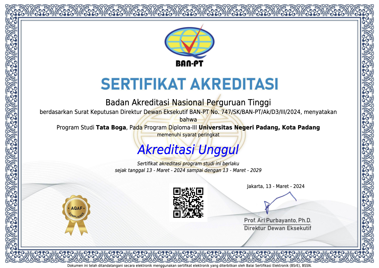 Read more about the article Akreditasi Program Studi Tata Boga Program D3 Universitas Negeri Padang – Akreditasi Unggul